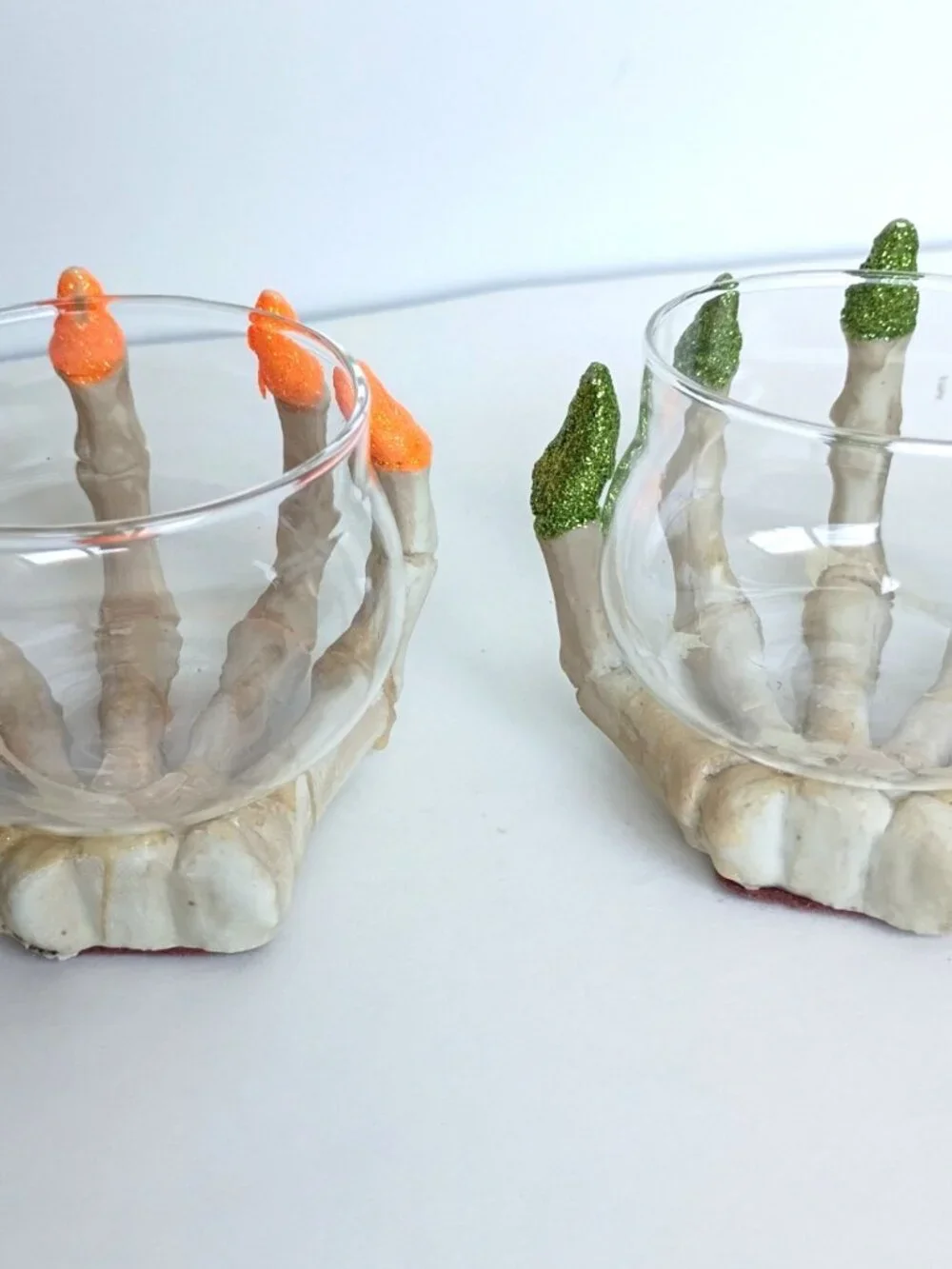 Set of 2 Halloween Ghoul Skelton Hand Glitter Nails Orange Green Candle Holders